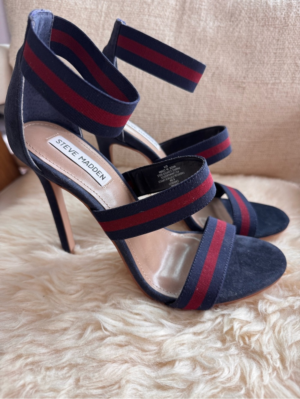 Steve Madden Navy & Red Striped Elastic Strap High Heel Sandals